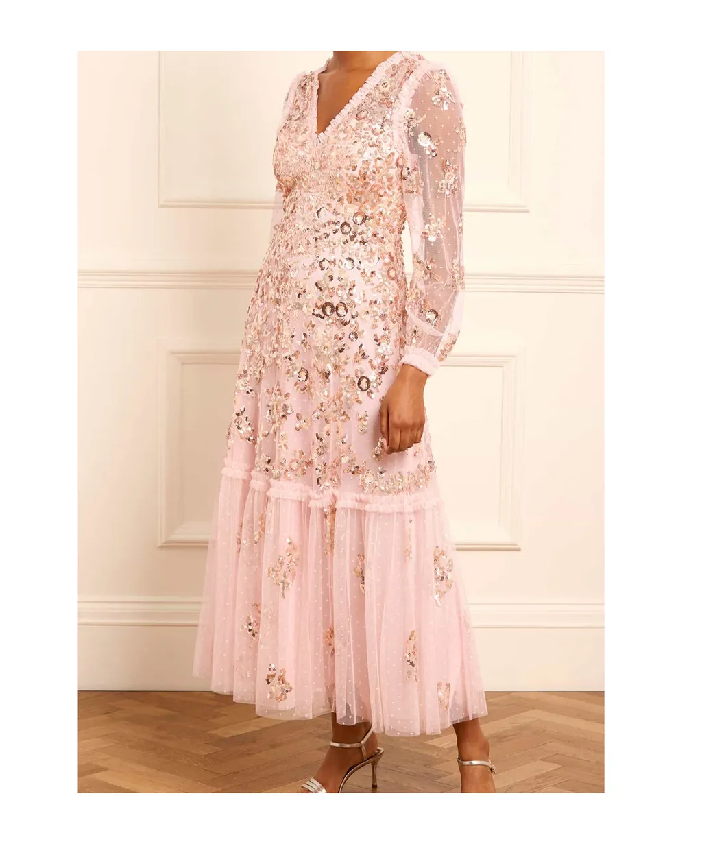 Sequin Chain V-Neck Ankle Gown