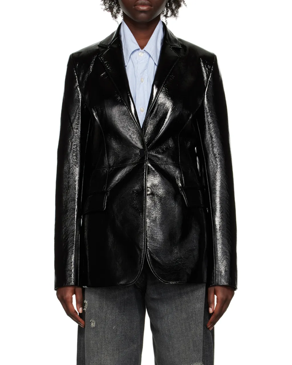 Faux-Leather Single-Breasted Blazer