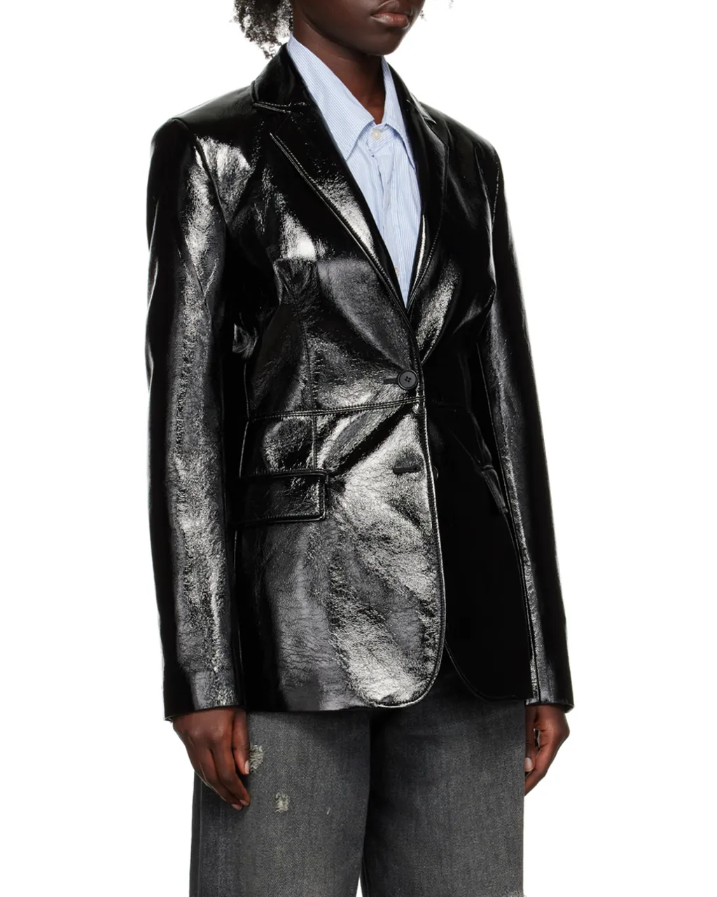 Faux-Leather Single-Breasted Blazer