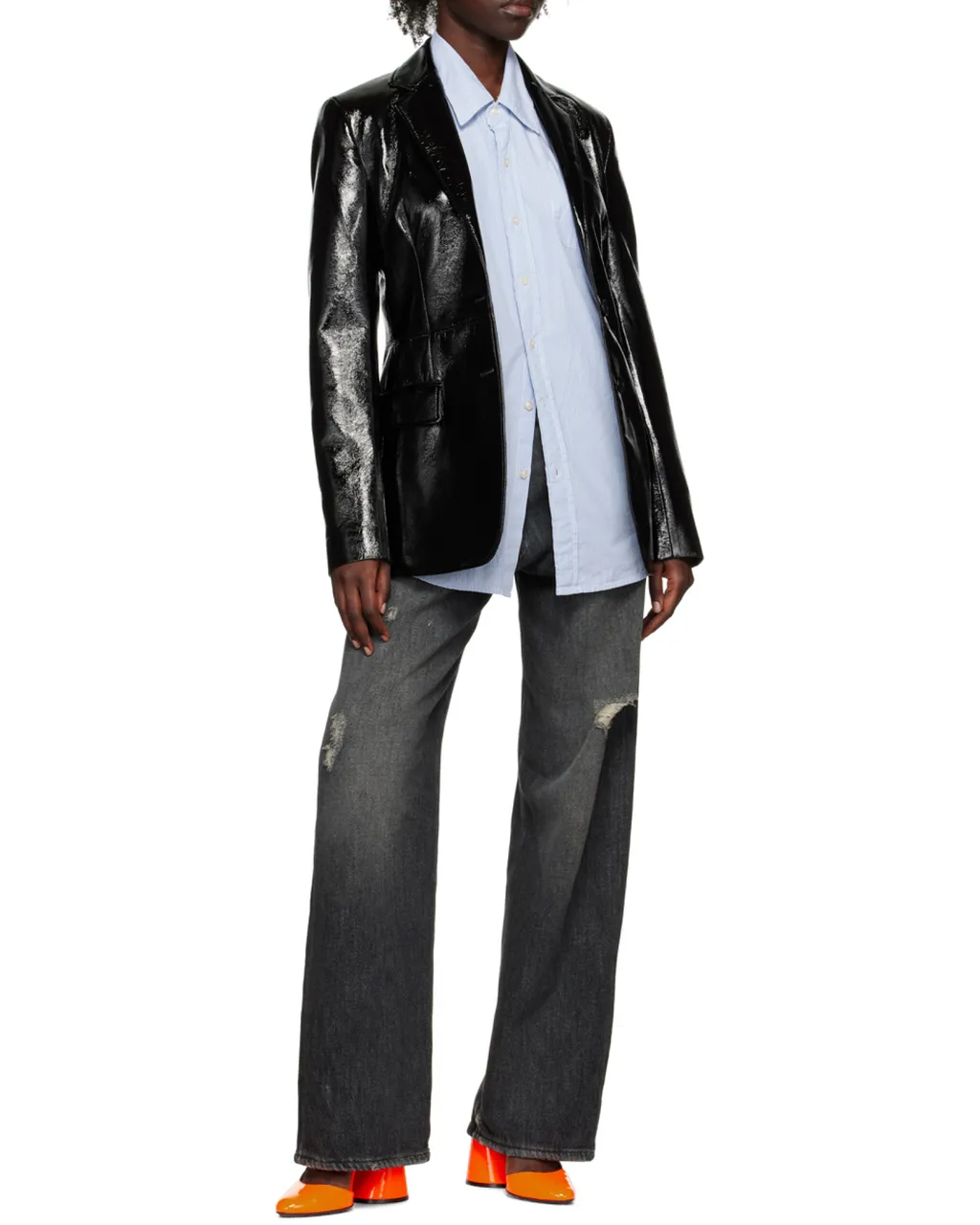 Faux-Leather Single-Breasted Blazer