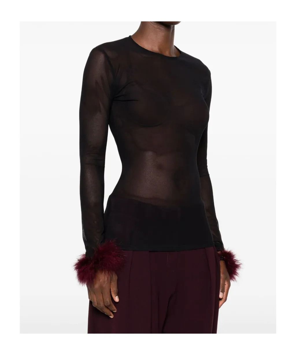 Mesh-Panel Feather-Cuff Top
