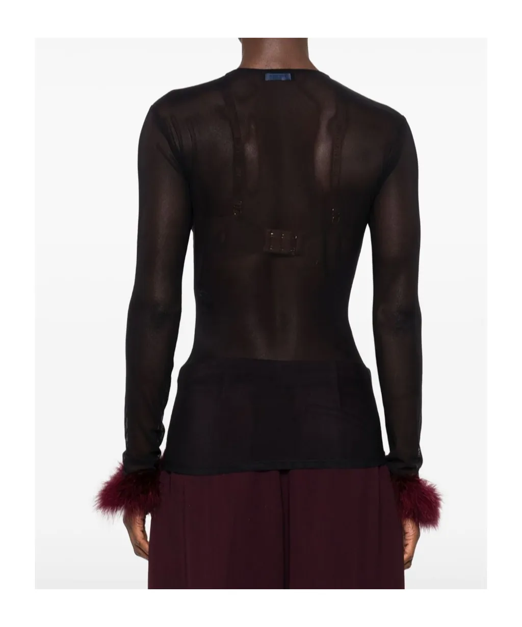 Mesh-Panel Feather-Cuff Top