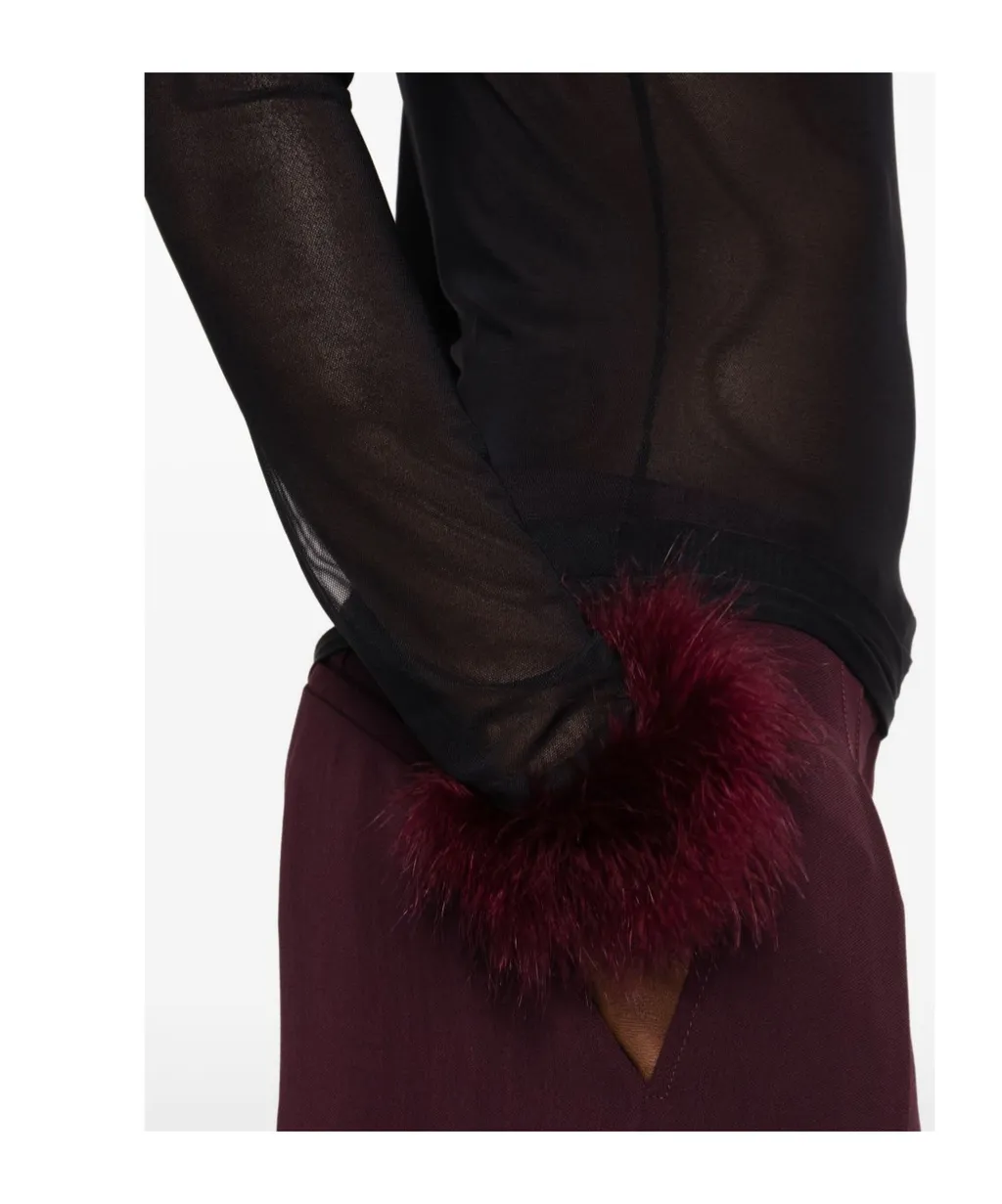 Mesh-Panel Feather-Cuff Top