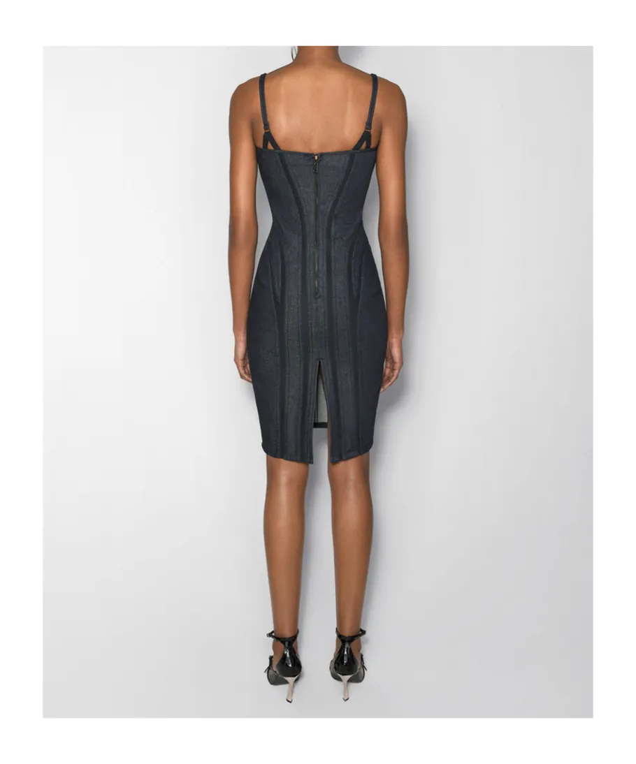 Mesh-Panel Denim Midi Dress