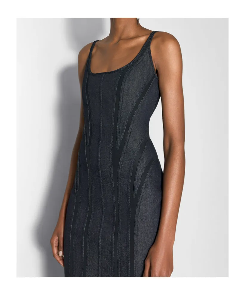 Mesh-Panel Denim Midi Dress