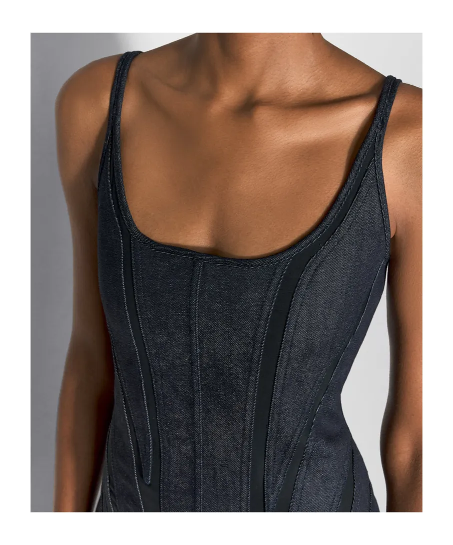 Mesh-Panel Denim Midi Dress