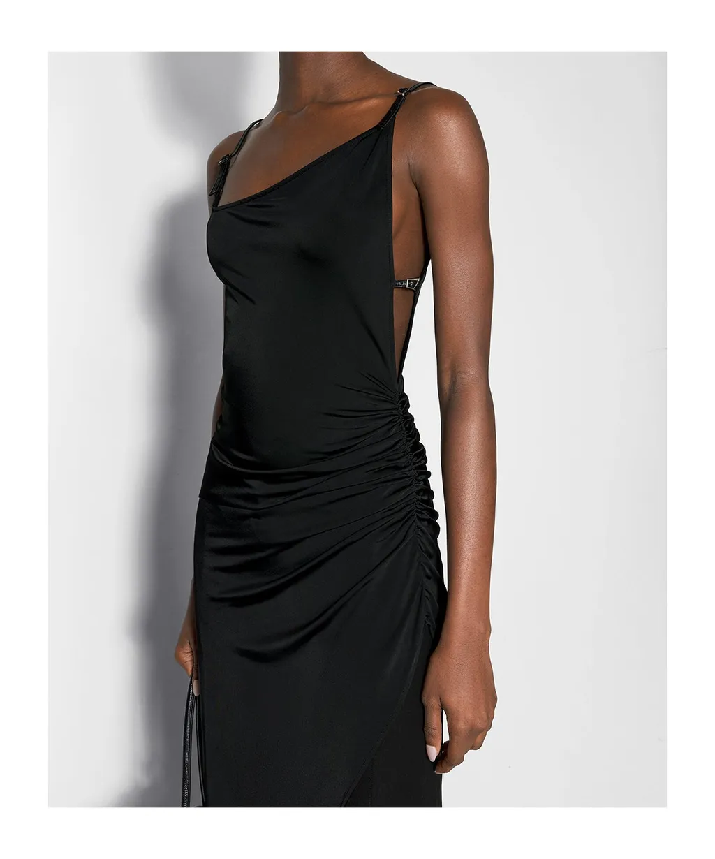 Asymmetrical Buckled-Strap Maxi Dress