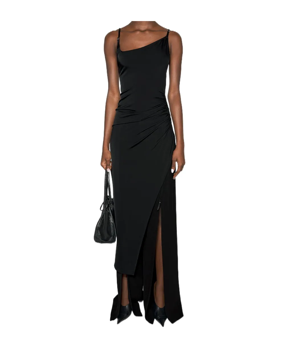 Asymmetrical Buckled-Strap Maxi Dress