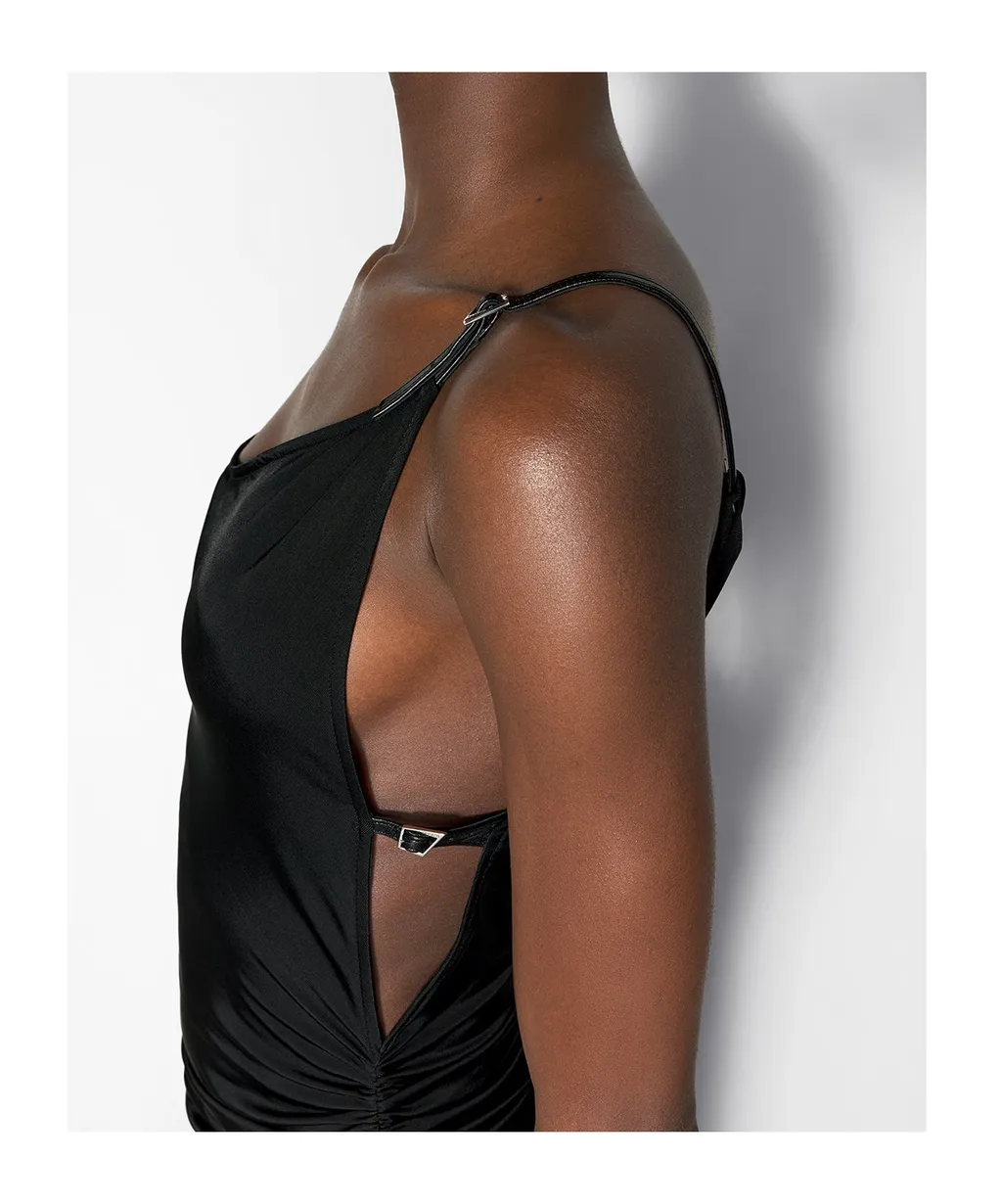 Asymmetrical Buckled-Strap Maxi Dress