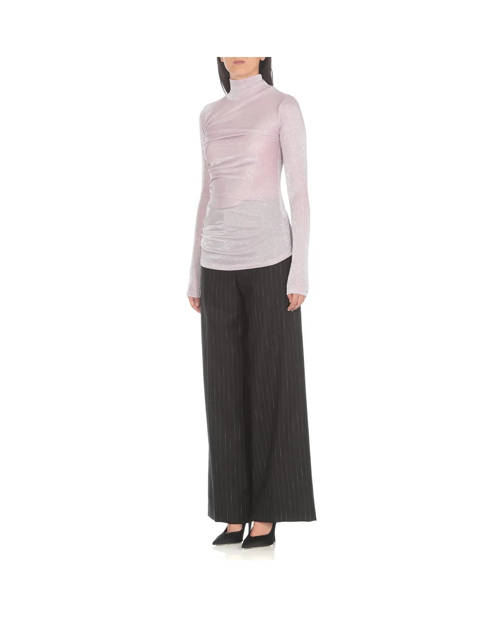 Glittery Gathered High-Neck Metallic T-Shirt