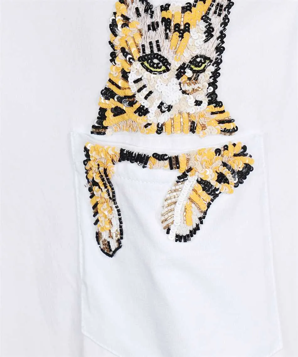 Cat Embellished Cotton T-Shirt