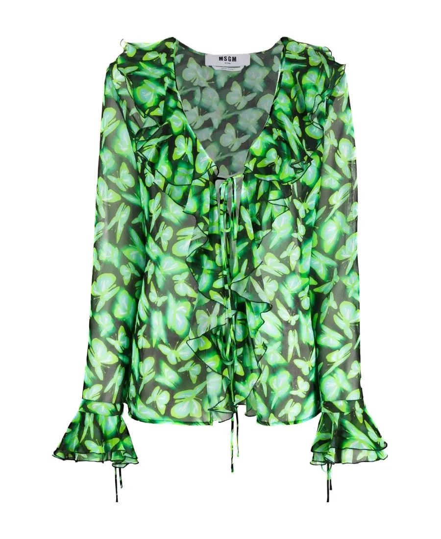 Graphic-Print Ruffle-Detail Blouse