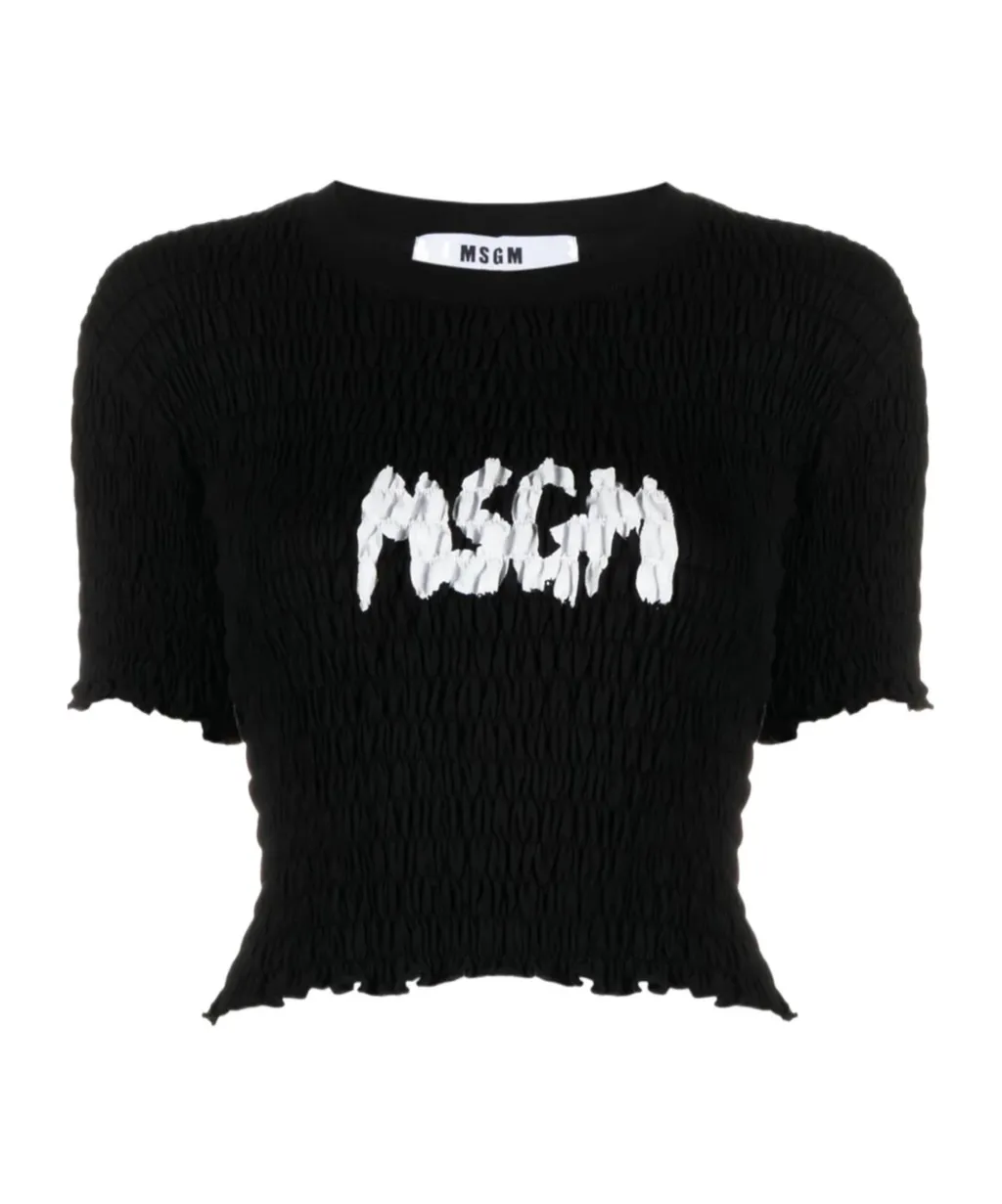 Logo-Printed Smocked Cropped Top