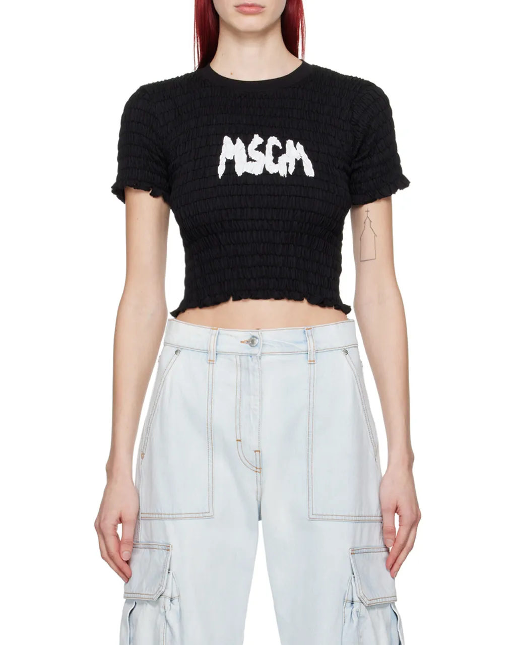 Logo-Printed Smocked Cropped Top