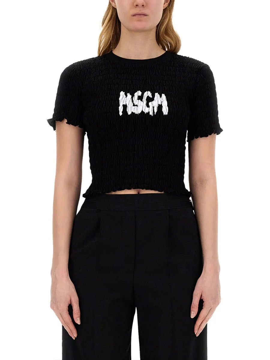 Logo-Printed Smocked Cropped Top