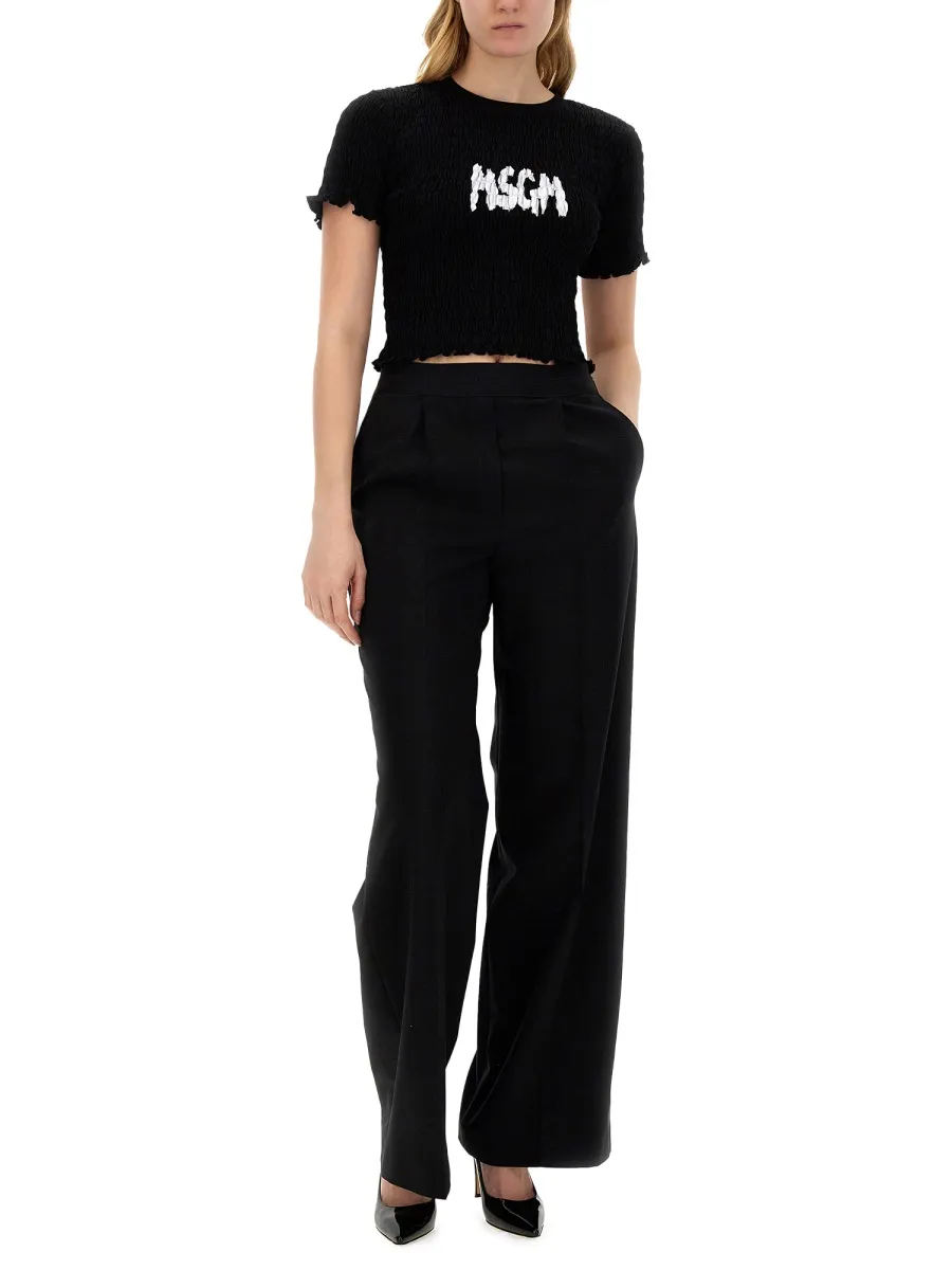 Logo-Printed Smocked Cropped Top