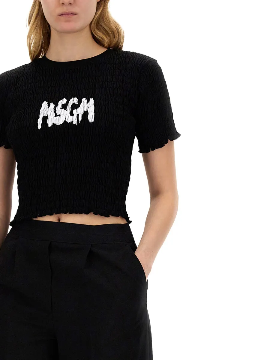 Logo-Printed Smocked Cropped Top