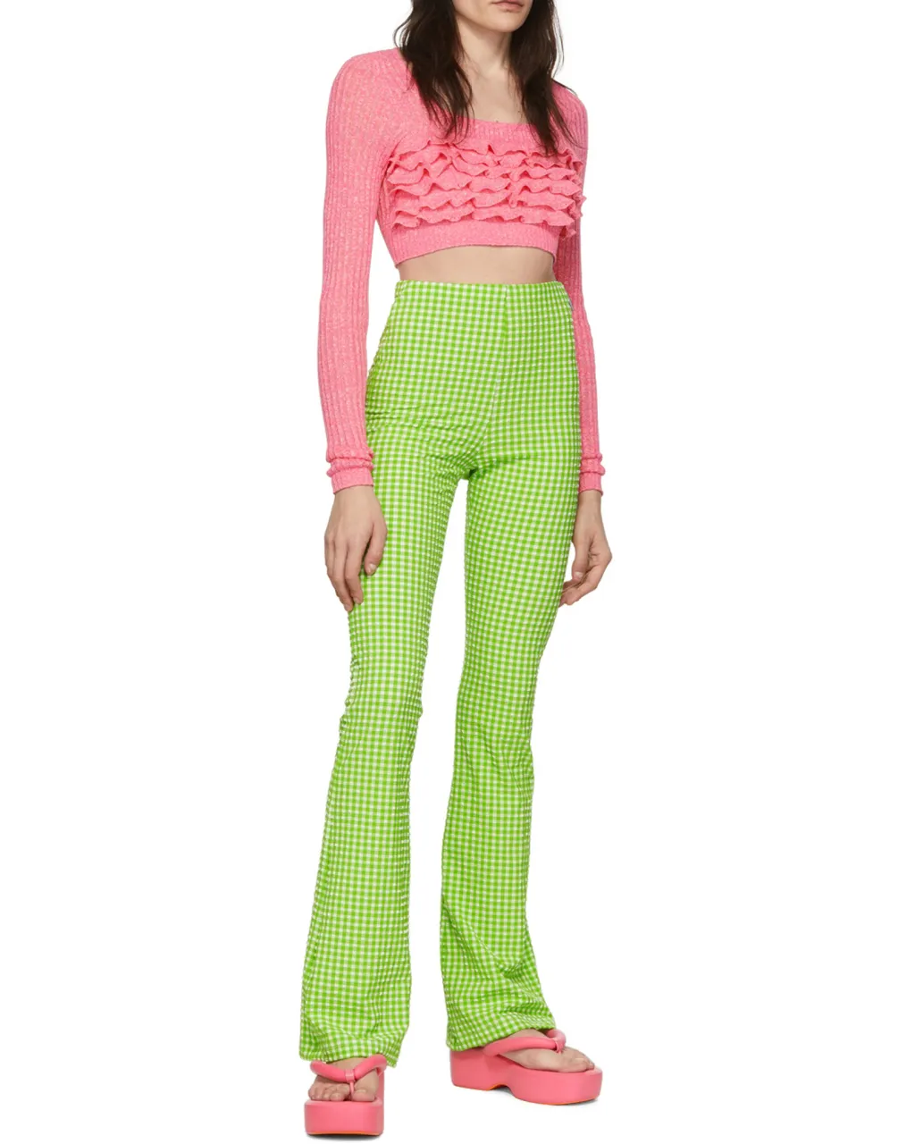 Check-Pattern Flared Trousers