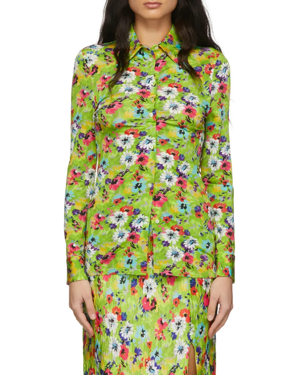 Floral-Print Ruched Slim Shirt