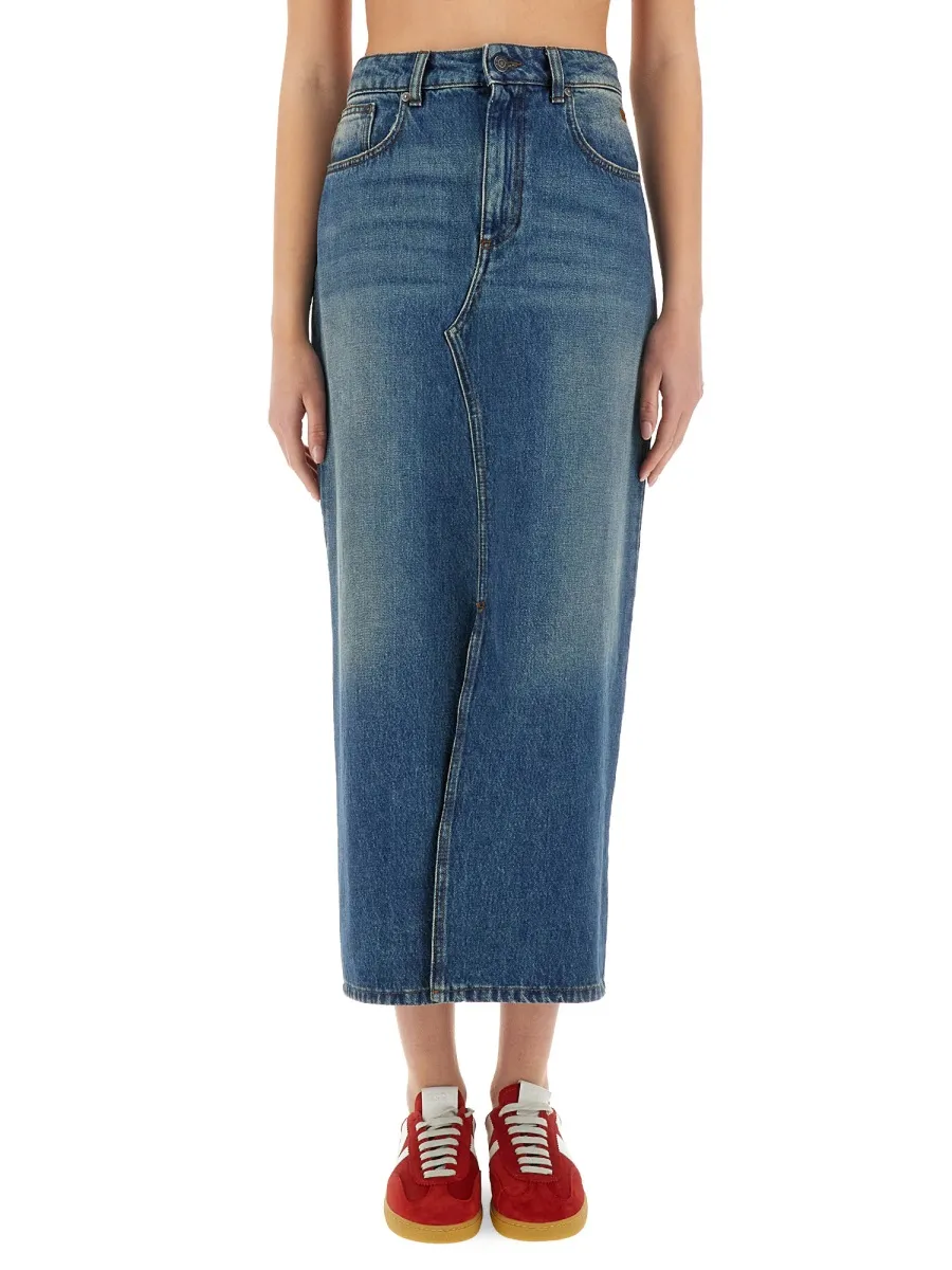 Front Slit Denim Midi Skirt
