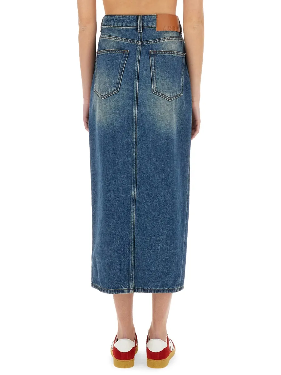 Front Slit Denim Midi Skirt