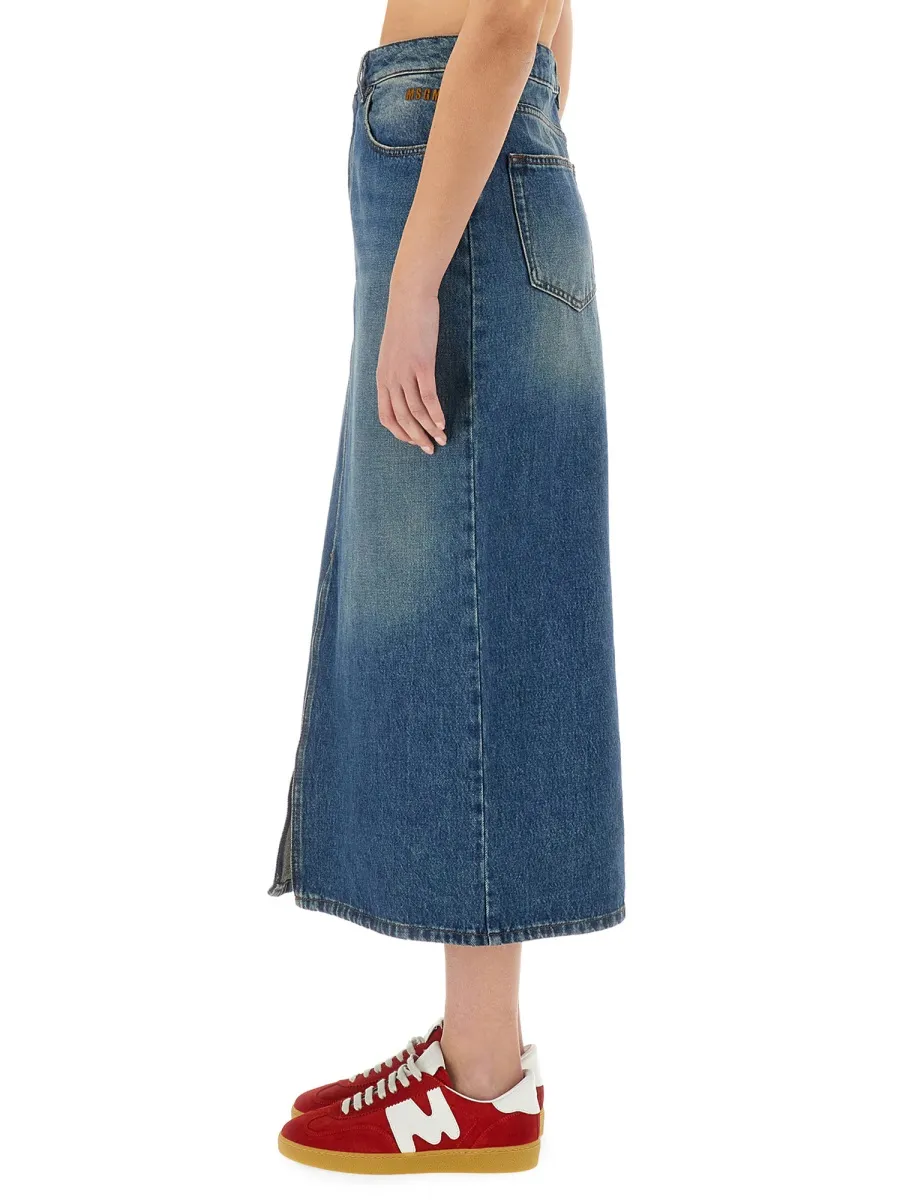 Front Slit Denim Midi Skirt