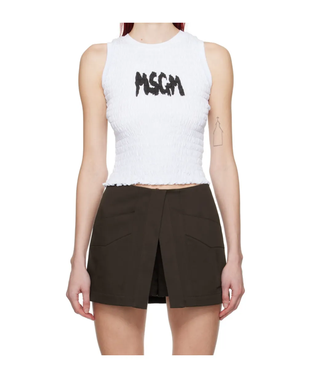 Logo-Print Smocked Cotton Top