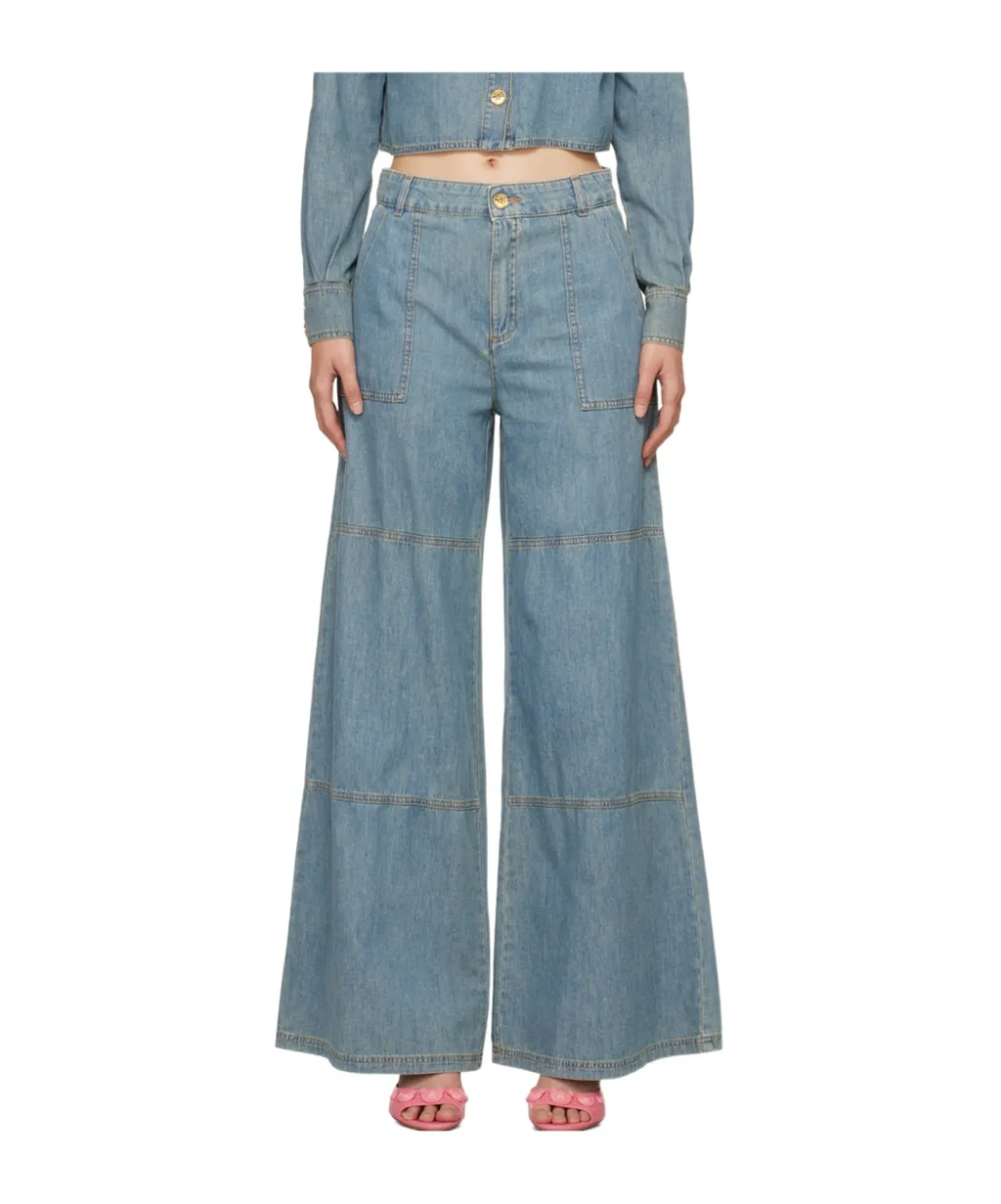 Wide Leg Sewing Detail Denim Trousers