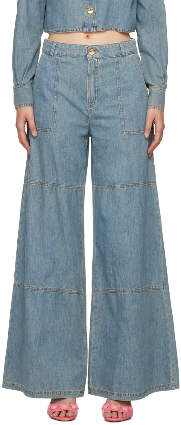 Wide Leg Sewing Detail Denim Trousers