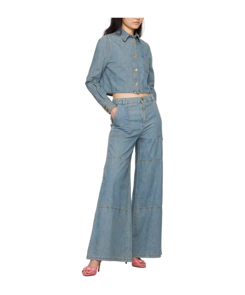 Wide Leg Sewing Detail Denim Trousers