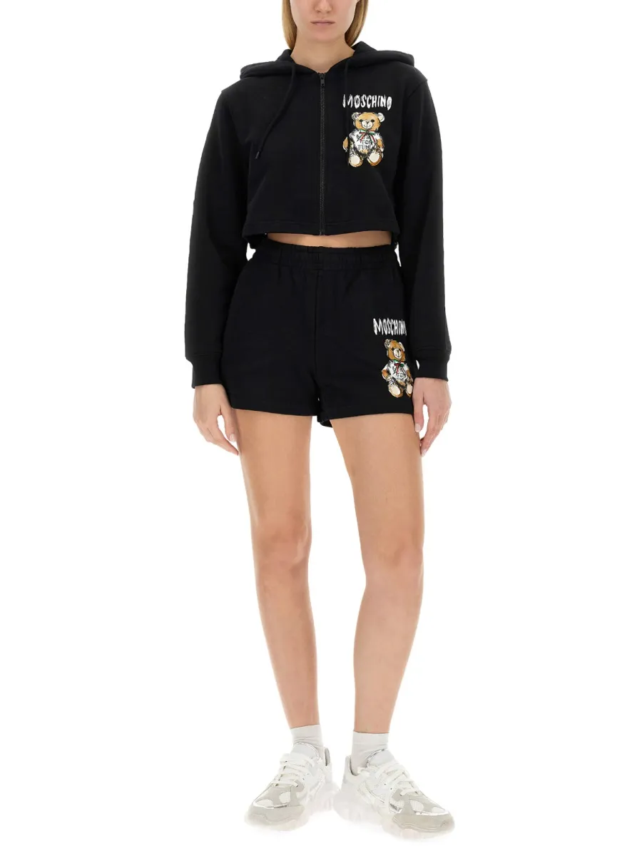 Teddy Bear Print Cropped Zip Hoodie