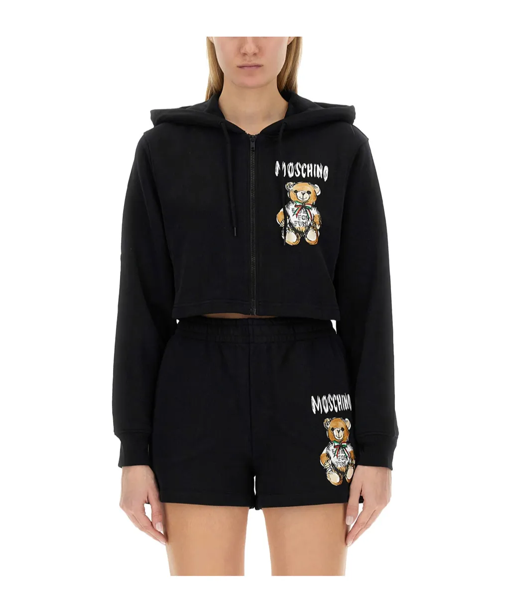 Teddy Bear Print Cropped Zip Hoodie