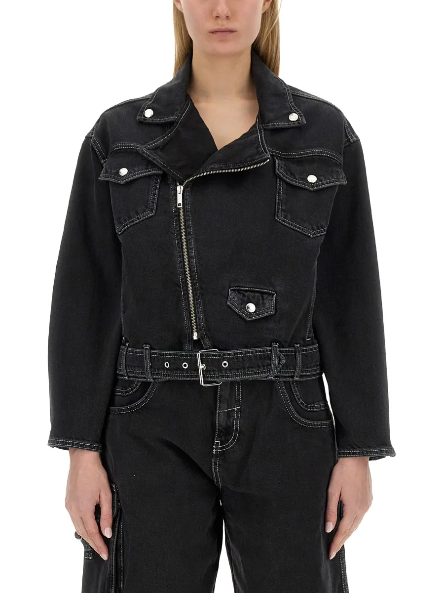 Zipped Belted Denim Biker Jacket
