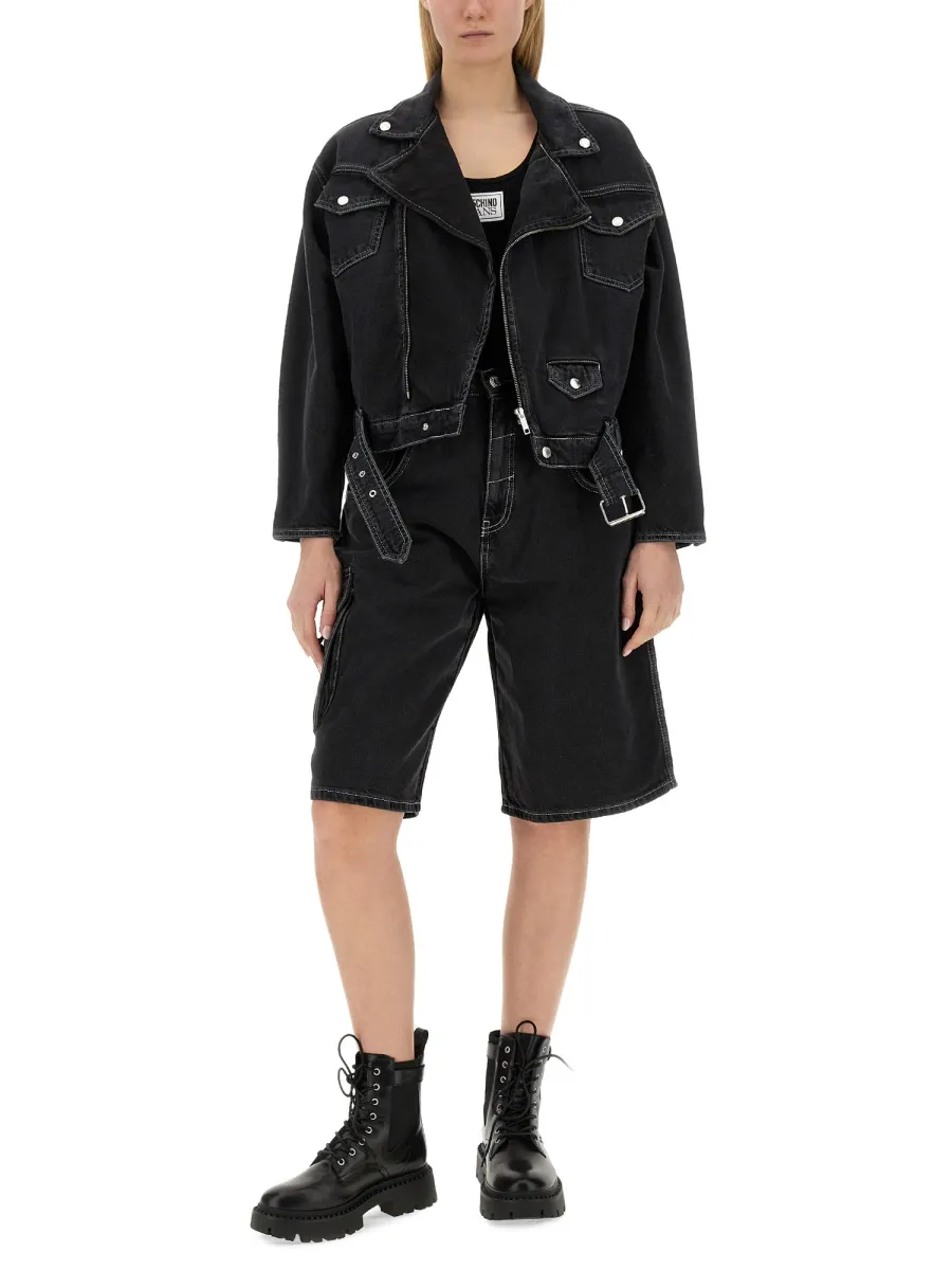Zipped Belted Denim Biker Jacket