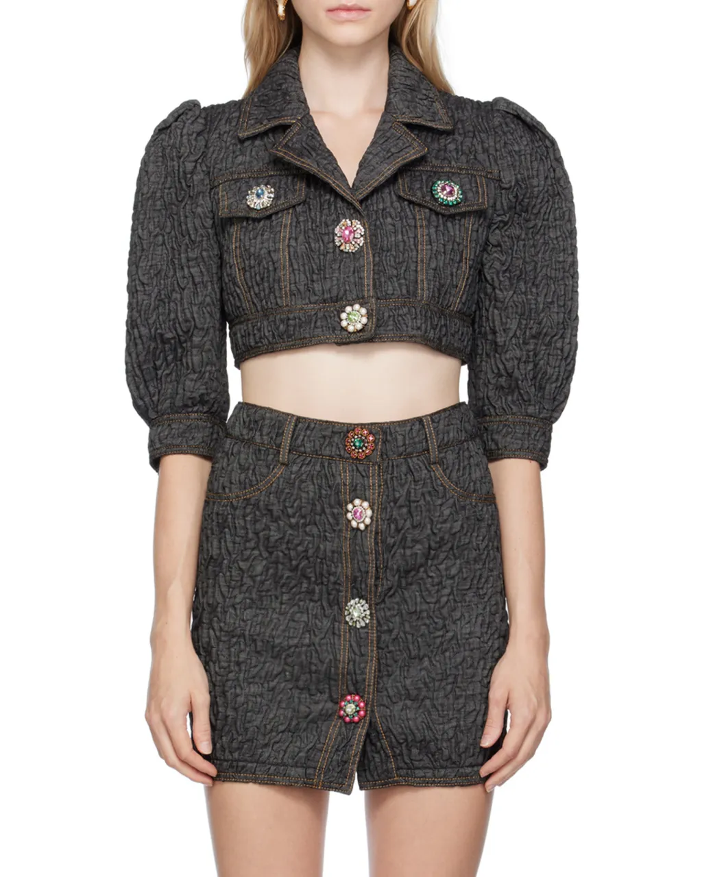 Crystal-Embellished Buttoned Cropped Jacket