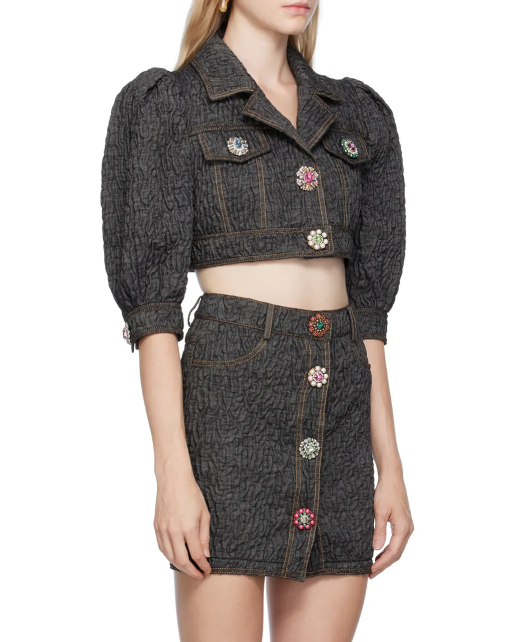 Crystal-Embellished Buttoned Cropped Jacket