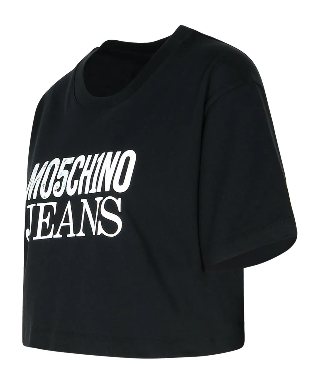 Jeans Logo Printed Cropped Jersey T-Shirt