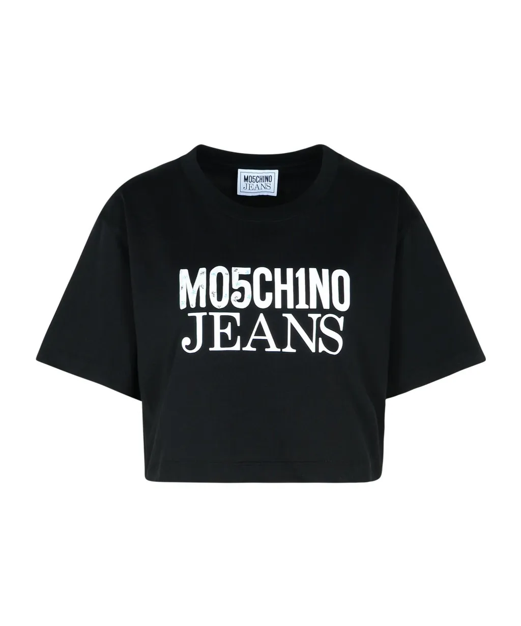 Jeans Logo Printed Cropped Jersey T-Shirt