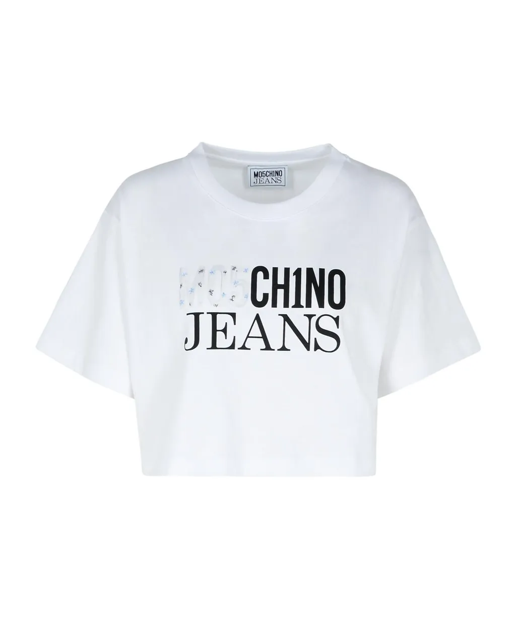 Jeans Logo Printed Cropped Jersey T-Shirt