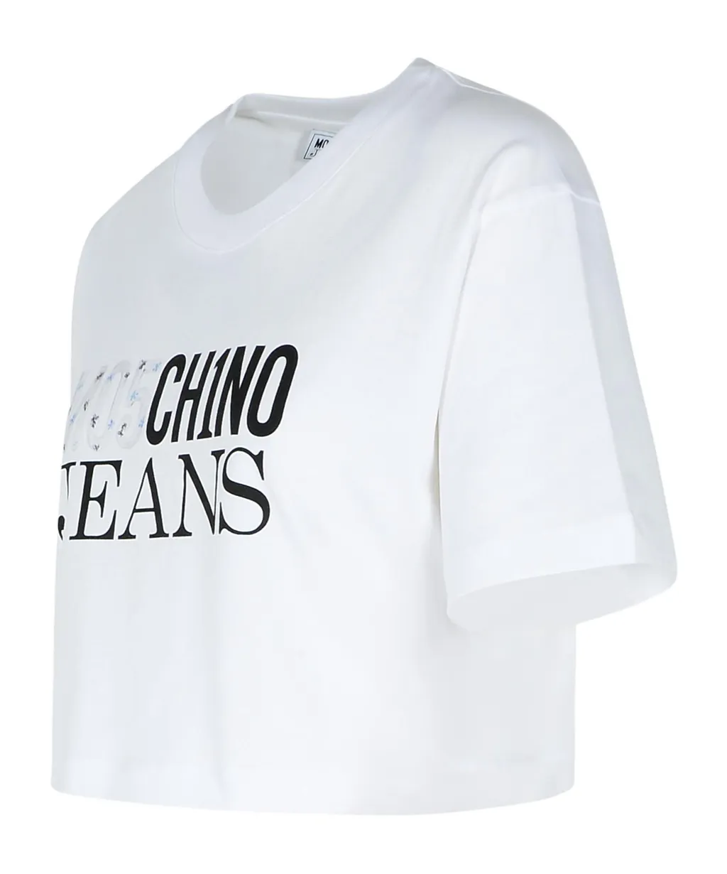 Jeans Logo Printed Cropped Jersey T-Shirt