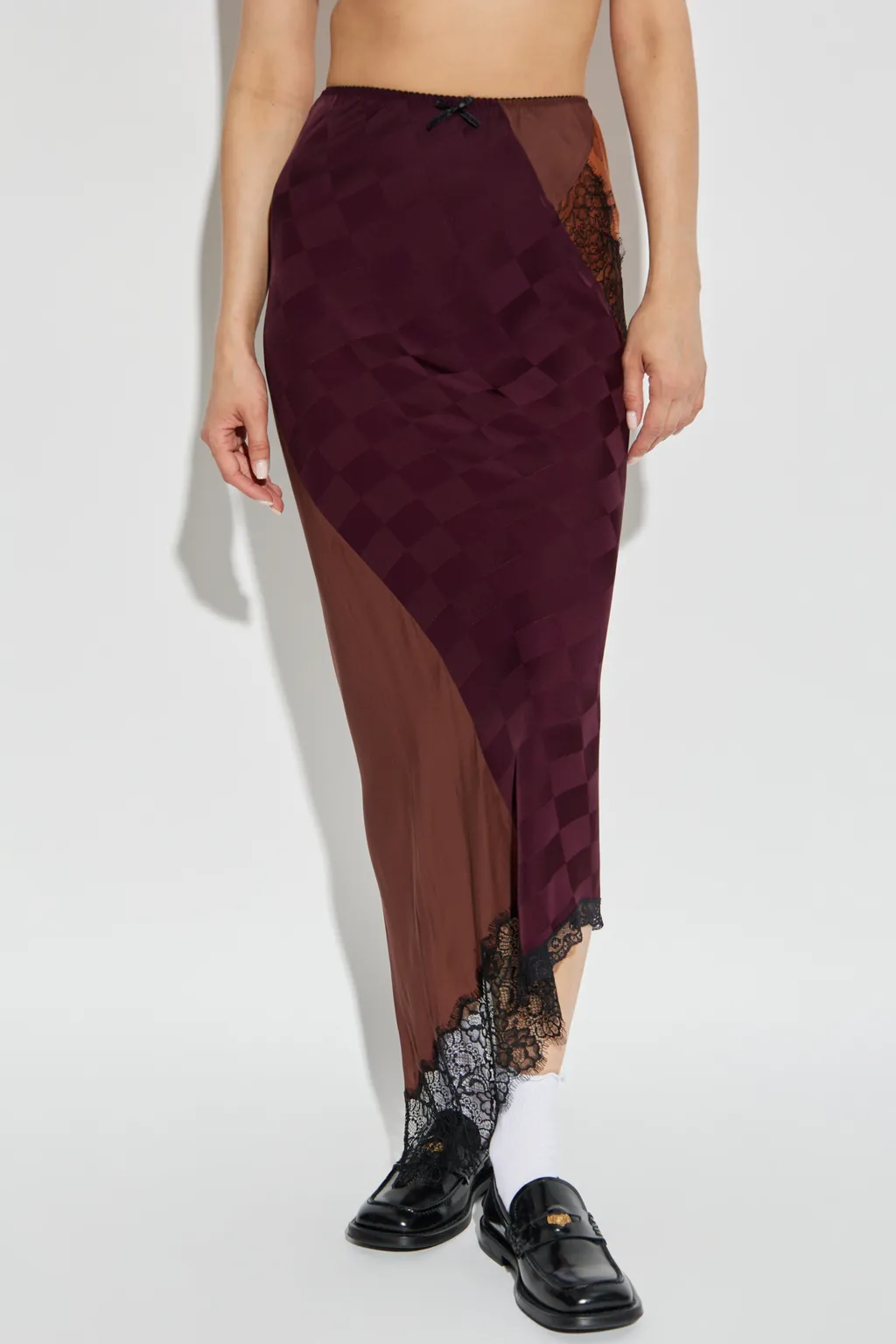 Checked Lace-Trimmed Asymmetric Skirt