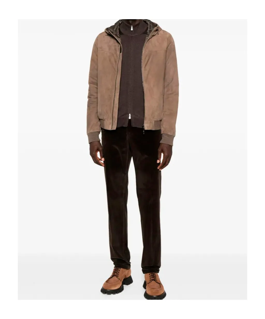 Suede Hooded Bomber Jacket
