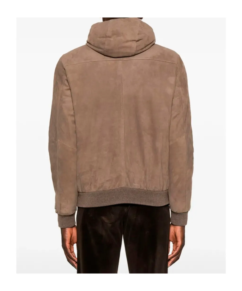 Suede Hooded Bomber Jacket