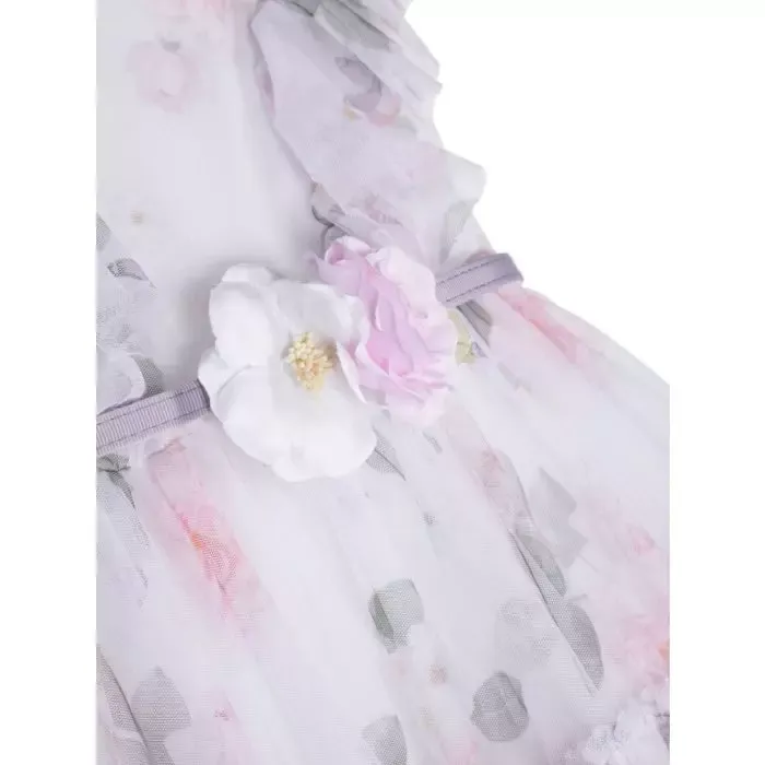 Rose-Printed Belted Tiered Tulle Dress
