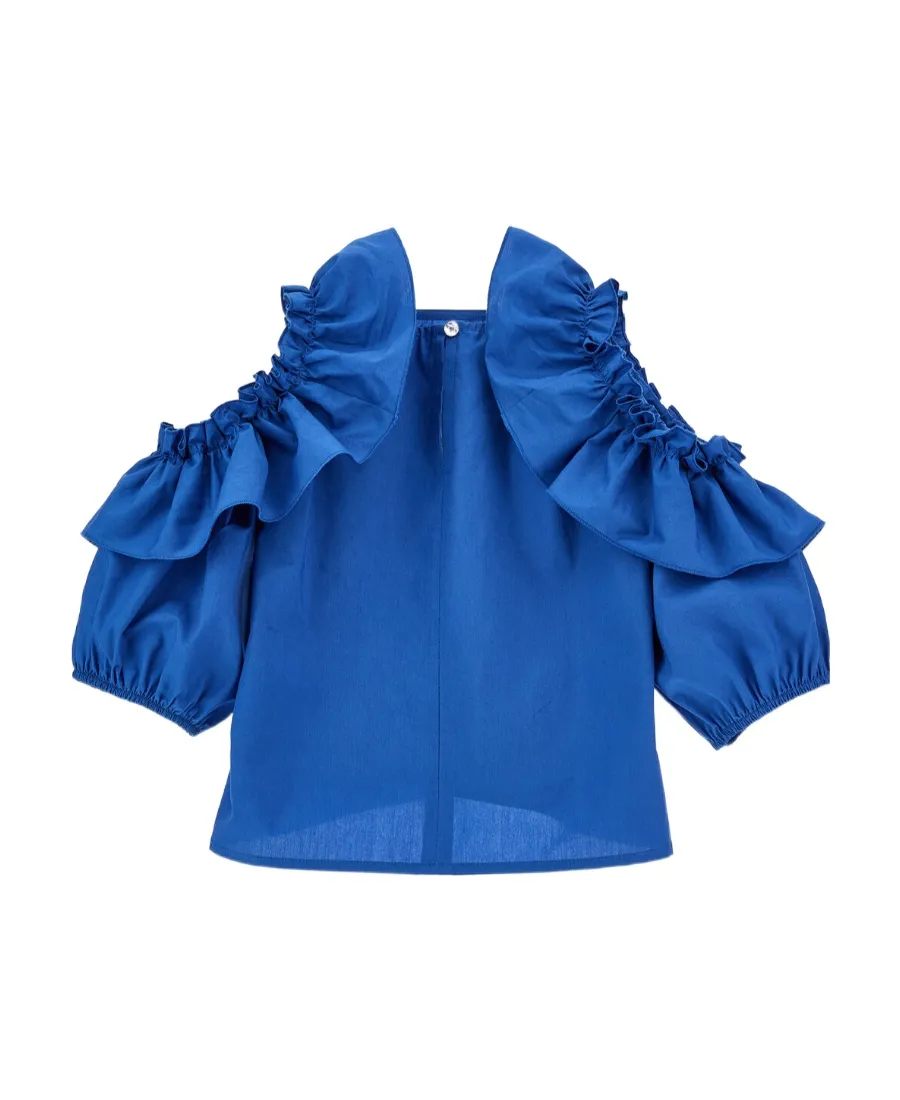 Round-Neck Ruffled Cut-Out Top