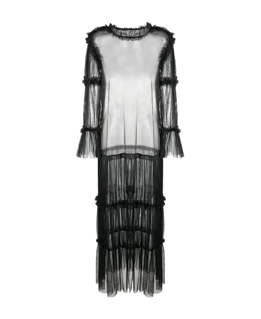 Sheer Long-Length Ruffle-Trim Dress