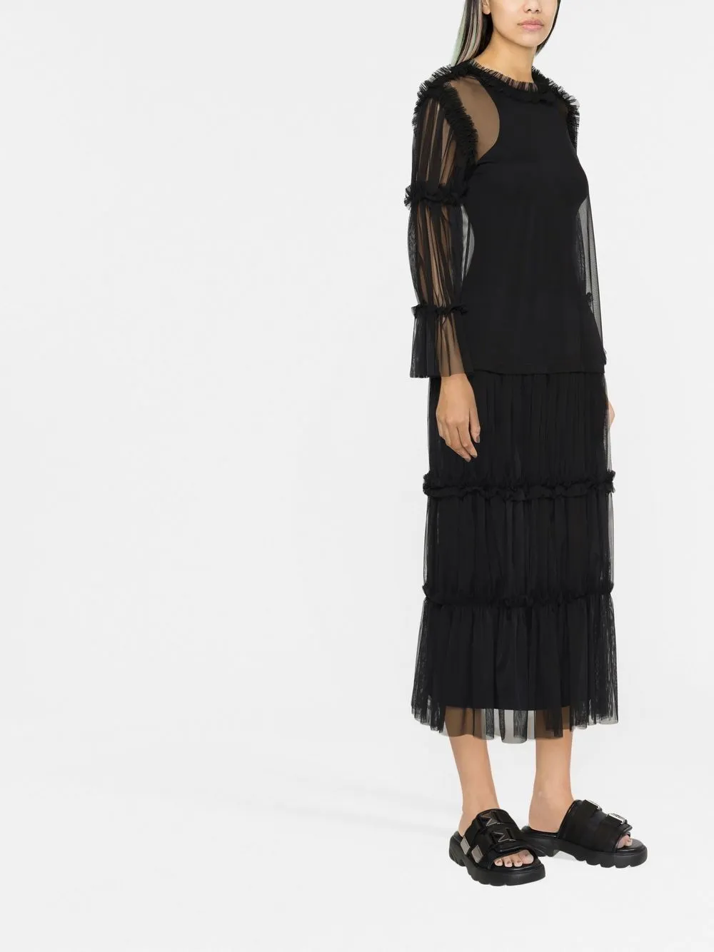 Sheer Long-Length Ruffle-Trim Dress