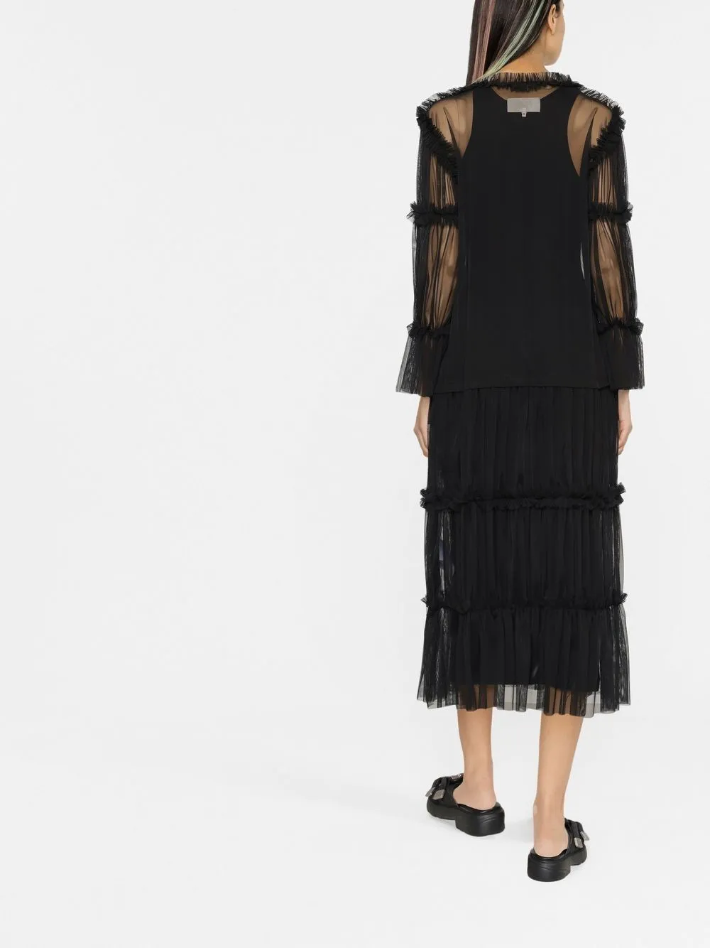 Sheer Long-Length Ruffle-Trim Dress