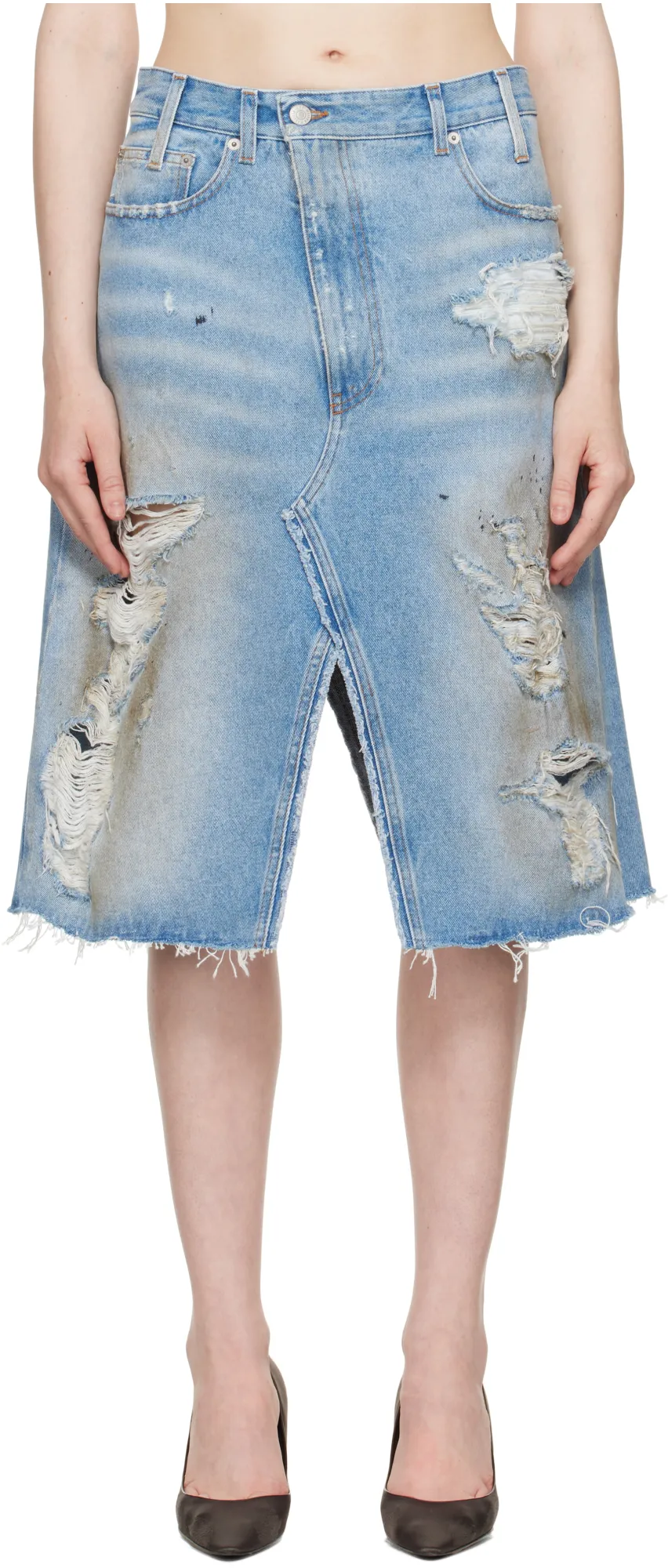 Ripped Front Slit Midi Denim Skirt