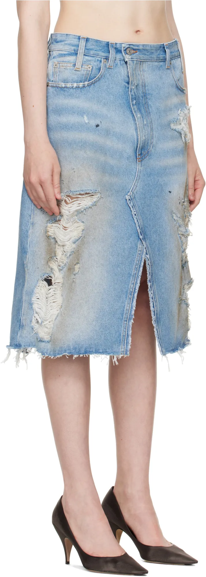 Ripped Front Slit Midi Denim Skirt